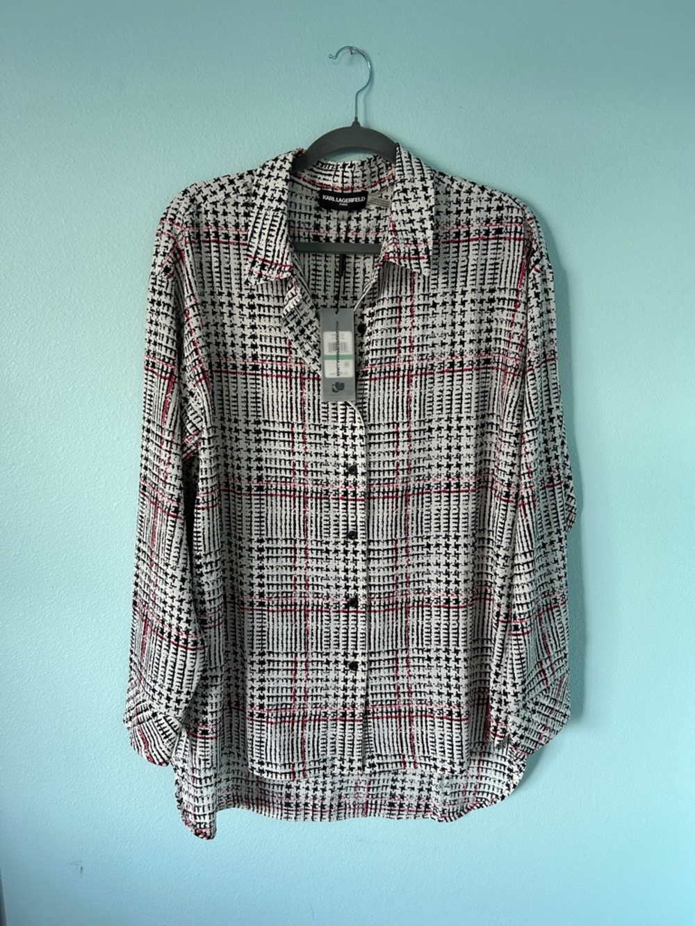 Karl Lagerfeld Black, White & Hot Pink Plaid Blouse